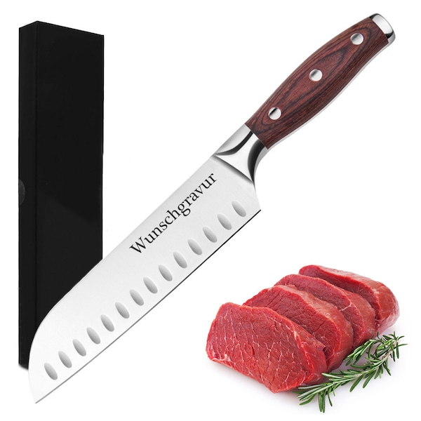 Couteau de cuisine personnalisé en acier japonais Couteau Santoku - couteau en acier japonais - gravé avec la gravure souhaitée - cadeau pour homme et femme