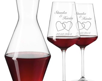 3-TLG Wein-Set mit personalisierter Gravur - 1x Karaffe und 2x Weingläser - Rotwein und Weißwein - Hochzeit, Jahrestag