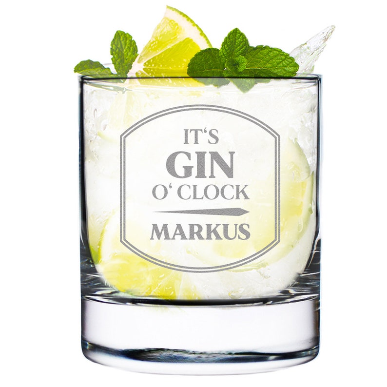 Gin Glas mit personalisierter Wunschgravur Wunschname Glas für Drinks mit Gravur perfekt für Genießer Spruch: It's Gin o'clock Bild 2