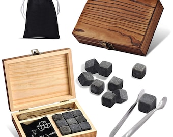 Whisky Steine Set 4-TLG - wiederverwendbare Eiswürfel - Kühlsteine mit Holzkiste, Zange und Beutel - ideal für Whisky und Gin