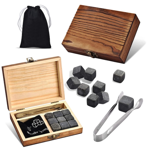 Whisky Steine Set 4-TLG - wiederverwendbare Eiswürfel - Kühlsteine mit Holzkiste, Zange und Beutel - ideal für Whisky und Gin