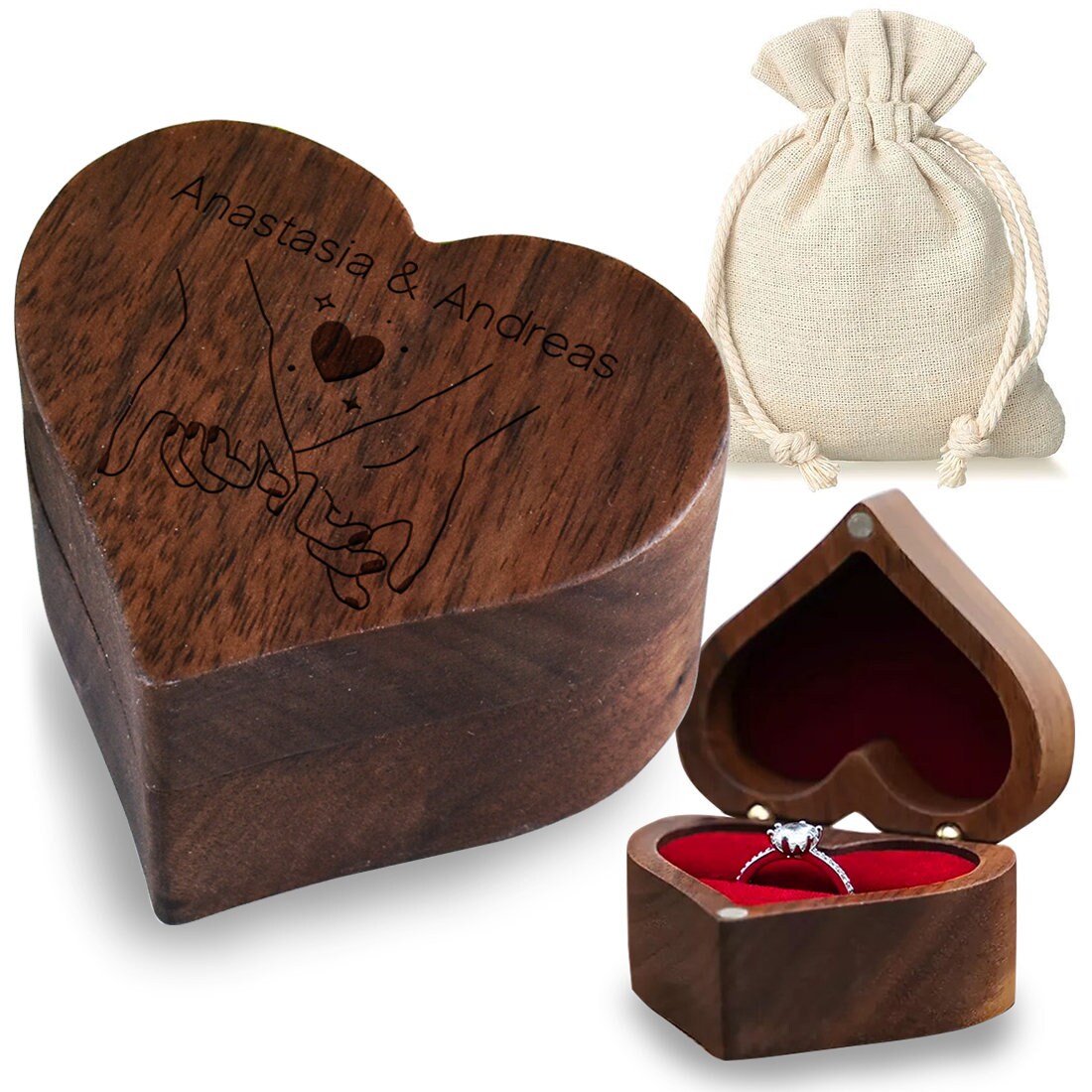 Caixa de almofada de anel de madeira com gravação desejada - madeira de nogueira - casamento, aniversário, Dia dos Namorados - aniversário, aniversário, amor - presente, presente