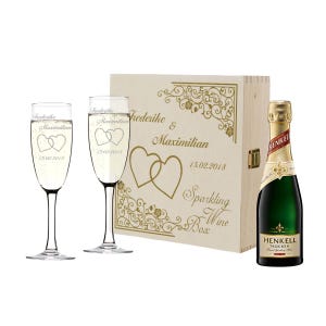 4-piece gift set 2x champagne glasses 170 ml, wooden box and champagne bottle for couples - personalized wedding gift