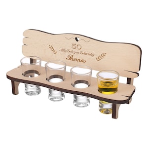 Shot bench with 4 shot glasses - wooden gift idea - with personalized engraving - birthday, anniversary - anniversary motif