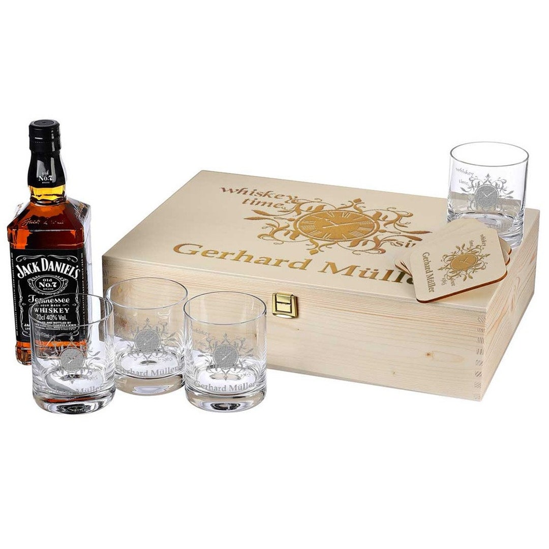 9-tlg Whisky-Set Holzkiste, Whisky Tumbler 320 ml, 1x 0,7 Liter