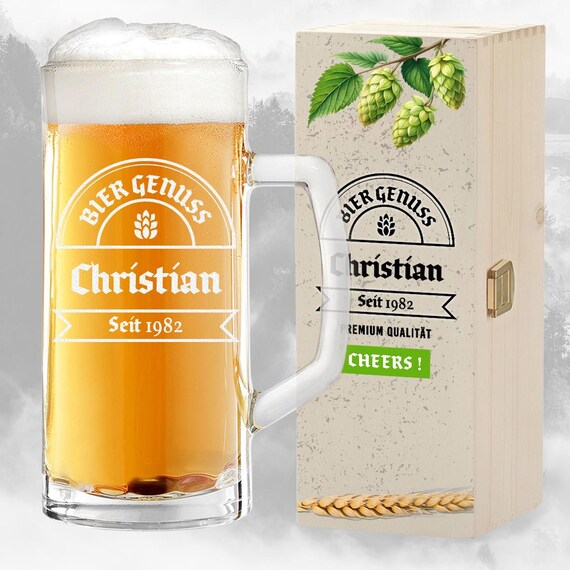 Set di 2 boccali da birra da 500 ml e scatola di legno per compleanno e