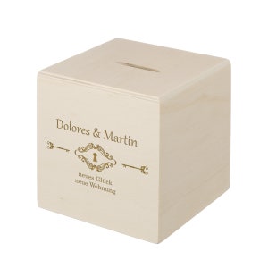 Wooden money box with personalized engraving 10 x 10 cm motif new apartment