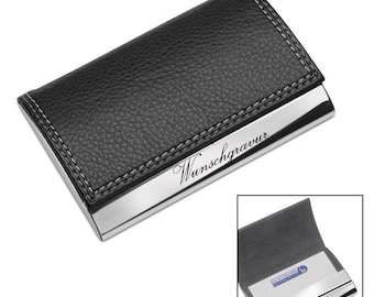 Business card case made of synthetic leather and metal ink...