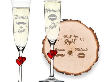 3-TLG Hochzeitsgeschenk für Paare Holzscheibe und 2 Sektgläser - Motiv Mr. & Mrs. Right - hochzeit jahrestag graviert personalisiert paar