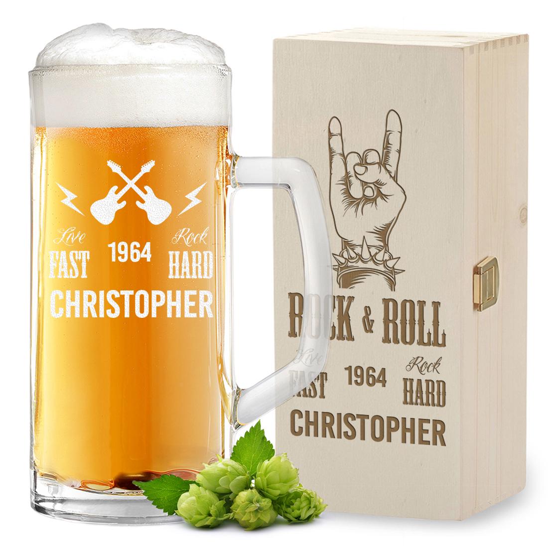 Boccale di birra da 0,5 litri e scatola di legno con incisione personalizzata - regali per uomini per la festa del papà - bicchiere di birra per pilsner, lager ed esportazione - Italia