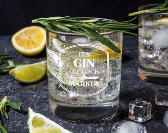 Gin glass with personalized engraving - desired name - glass for drinks with engraving - perfect for connoisseurs - saying: It's Gin o'clock