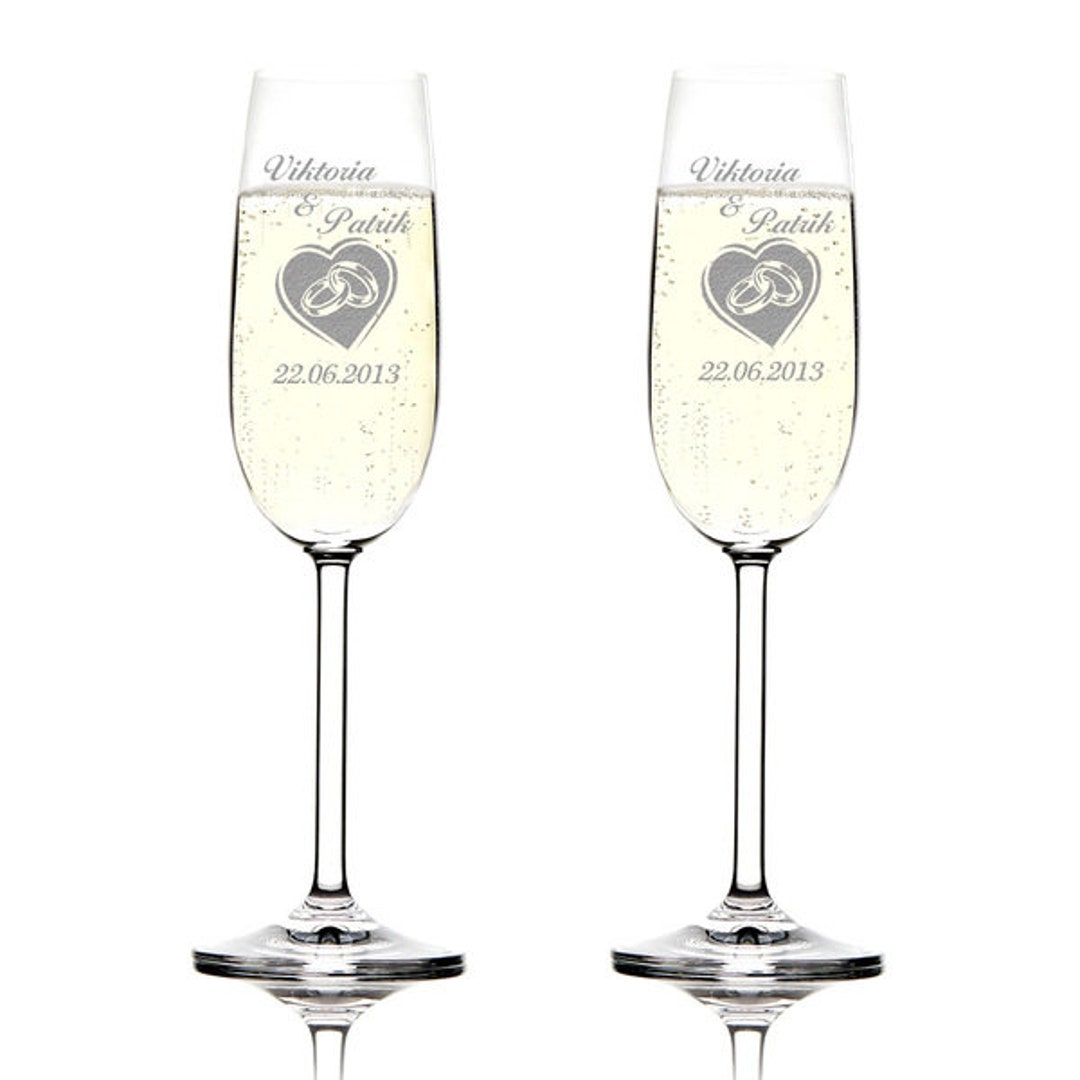 Set Di 2 Bicchieri Da Spumante Con Incisione Laser Personalizzata – Nome O Frasi Sugli Anelli – Lavabili In Lavastoviglie – Idea Regalo
