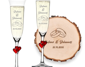 Geschenkset 3-TLG für Hochzeit Baumscheibe und 2 Sektgläser Paargeschenk Motiv Ringe - hochzeit jahrestag graviert personalisiert