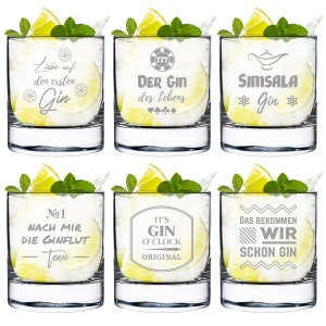 Gin Glas 6er-Set mit gravierten Sprüchen - tonic water Glas - Sommer, Drinks - Weihnachten - Cocktailgläser- perfekt für Drinks - 6 Sprüche