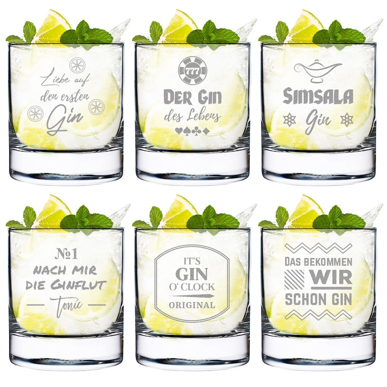 Gin Glas 6er-Set mit gravierten Sprüchen tonic water Glas Sommer, Drinks Weihnachten Cocktailgläser perfekt für Drinks 6 Sprüche Bild 1