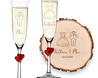 Geschenkset Hochzeit 3-TLG personalisierte Baumscheibe und 2 Sektglöser - Motiv Mr. & Mrs. - hochzeit jahrestag graviert personalisiert paar