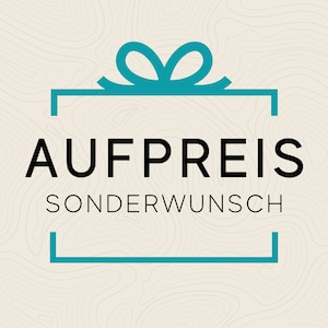 Op de afbeelding: Een turquoise blauwe geschenkdoos met een witte strik en de tekst "AUFPREIS" en "SONDERWUNSCH" in zwart.