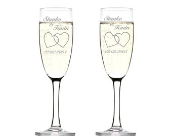 Set of 2 champagne glasses with engraving, two simple he...