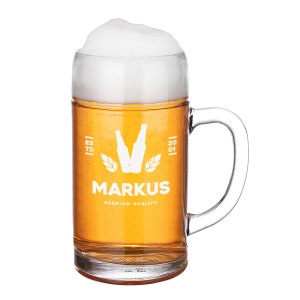 Beer mug Oktoberfest 1000 ml beer mug - beer glass with personalized engraving - for Munich fans - motif beer bottles with hops