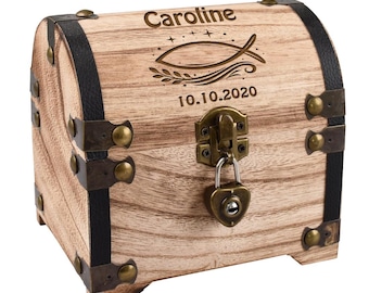 Scrigno personalizzato per il battesimo con incisione e lucchetto a forma di cuore - Regalo individuale in legno per Prima Comunione e Cresima