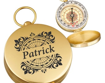 Bússola de metal dourado com gravação - Presente para aniversários e outras ocasiões especiais - Bússola de bolso para caminhadas e caça - Ideal para entusiastas de atividades ao ar livre.