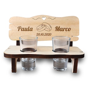 Shot bench with desired engraving for couples & married couples - 2x shot glasses included - sustainable wooden gift for the wedding