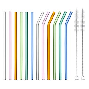 Può includere: Set di 12 cannucce da bere in vetro di vari colori, tra cui trasparente, arancione, verde, blu e viola. Sono inclusi due spazzolini per la pulizia.