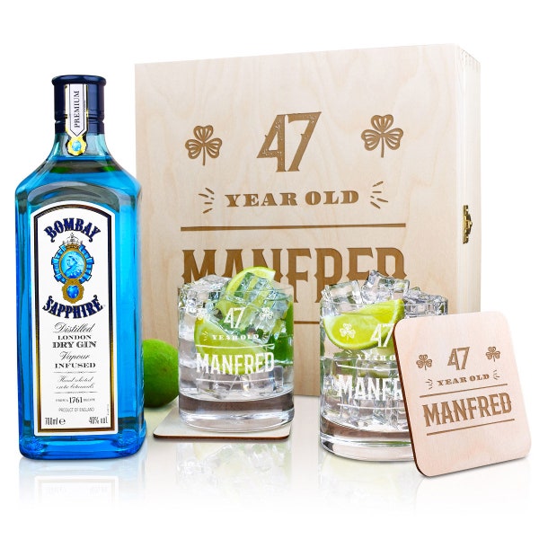 6-TLG Gin Geschenkset mit personalisierter Gravur - Gin Liebhaber - Tonic Water - Geburtstag - Mann - Cocktail Longdrink - Motiv Kleeblatt