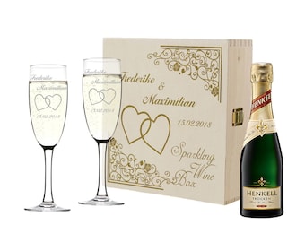 Coffret cadeau champagne 4 pièces gravé, 1x coffret en bois, 2x flûtes à champagne, bouteille de champagne 0,2 L - cadeau de mariage - couples mariés - motif vintage avec coeurs