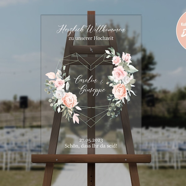 4 verschiedene blumige & florale Designs aus der Kollektion "BLOMMING", Willkommensschild Hochzeit auf Acryl, Design frei wählbar