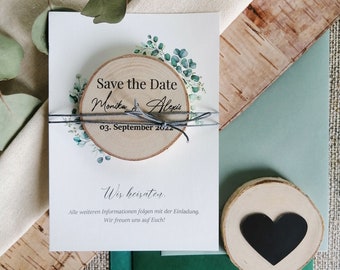 Save the Date Karte mit Magnet Holzscheibe | Design 4 von 14 "wooden Greenery"