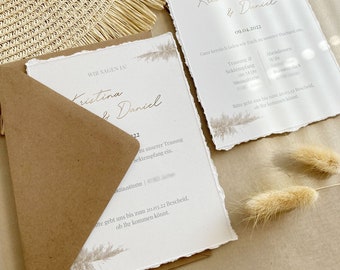 Invitation card with torn edges "Boho Love", pampas grass