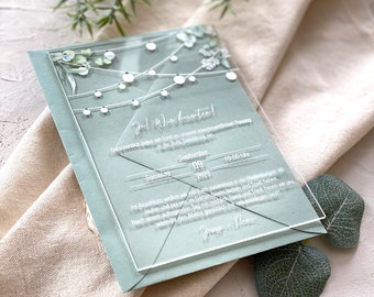 Acryl Einladungskarte zur Hochzeit "Greenery love mit Lichterkette"