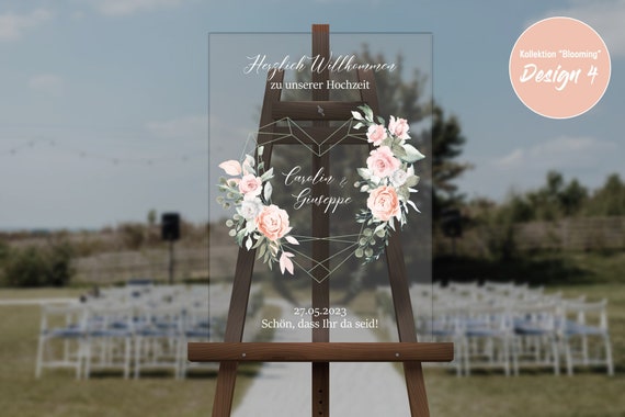 4 different flowery & floral designs from the "BLOMMING" collection, wedding welcome sign on acrylic, design freely selectable