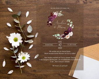 Acrylic invitation card for the wedding "burgundy love light"
