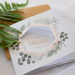 Wedding invitation card "Greenery with rose gold and cutout"