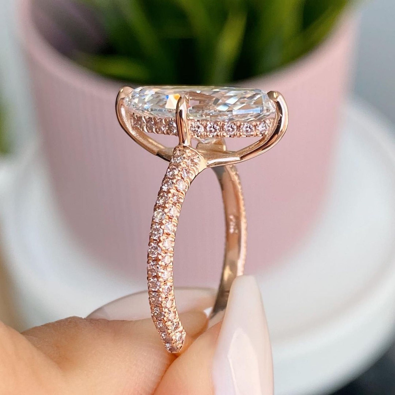 Marquise Moissanite Hidden Halo engagement ring Rose Gold Etsy