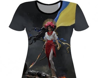 Women's 3D t-shirt with Ukrainian symbols, a huge selection of women's t-shirts with Ukraine print, a t-shirt for a real Ukrainian