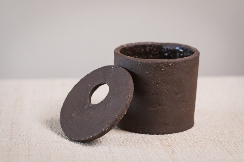 Unique Handmade Black Cylinder Ceramic Vase with Holed Cap Organic Primitive Pottery image 8