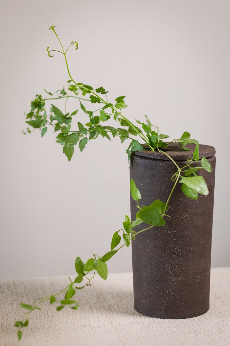 Unique Handmade Black Cylinder Ceramic Vase with Holed Cap Organic Primitive Pottery image 7