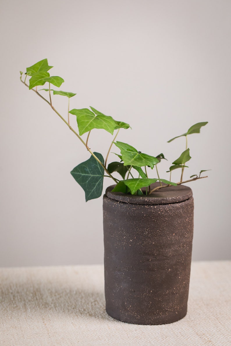 Unique Handmade Black Cylinder Ceramic Vase with Holed Cap Organic Primitive Pottery image 2