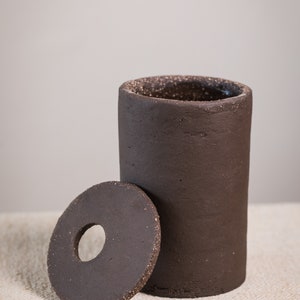 Unique Handmade Black Cylinder Ceramic Vase with Holed Cap Organic Primitive Pottery image 10