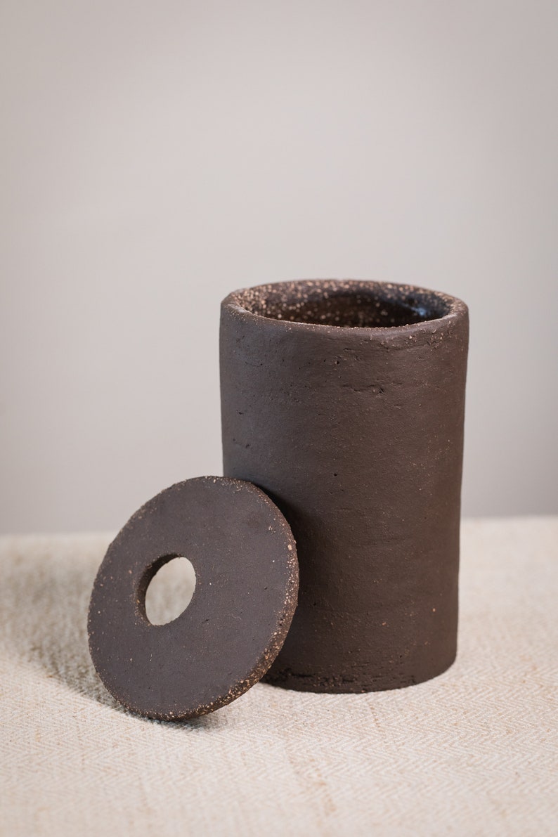 Unique Handmade Black Cylinder Ceramic Vase with Holed Cap Organic Primitive Pottery image 10