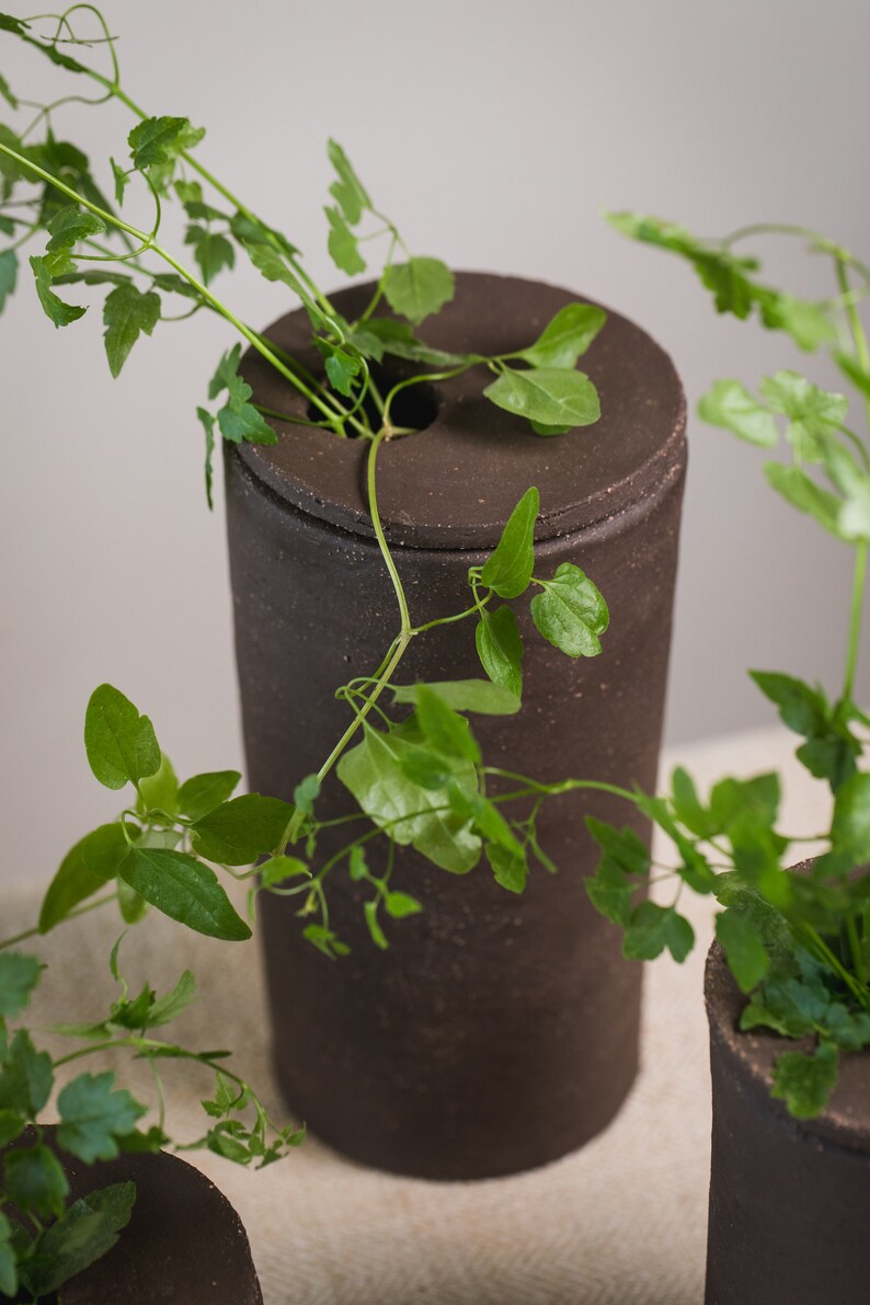 Unique Handmade Black Cylinder Ceramic Vase with Holed Cap Organic Primitive Pottery image 6