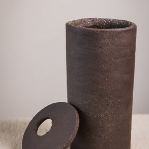 Unique Handmade Black Cylinder Ceramic Vase with Holed Cap Organic Primitive Pottery image 9