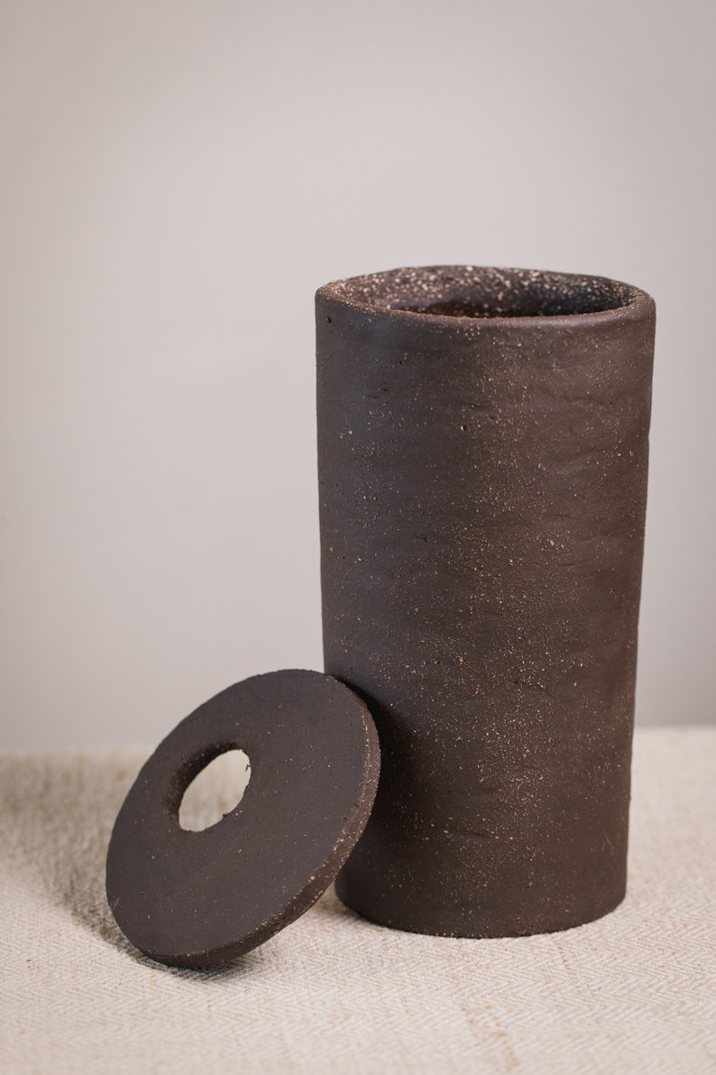 Unique Handmade Black Cylinder Ceramic Vase with Holed Cap Organic Primitive Pottery image 9