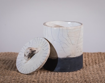 Unique Cylindrical Raku Jar with Cap - Handmade Organic Raku  - Pottery - Rustic Farm House décor - Housewarming Gift - Wood Fired pottery