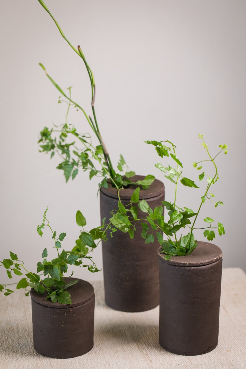 Unique Handmade Black Cylinder Ceramic Vase with Holed Cap Organic Primitive Pottery image 4