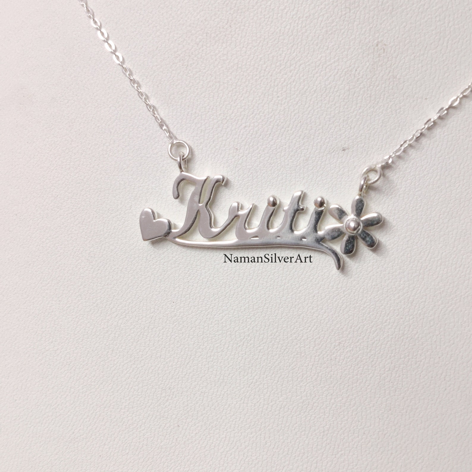 Personalized Name Necklace Sterling Silver Heart And Flower Etsy
