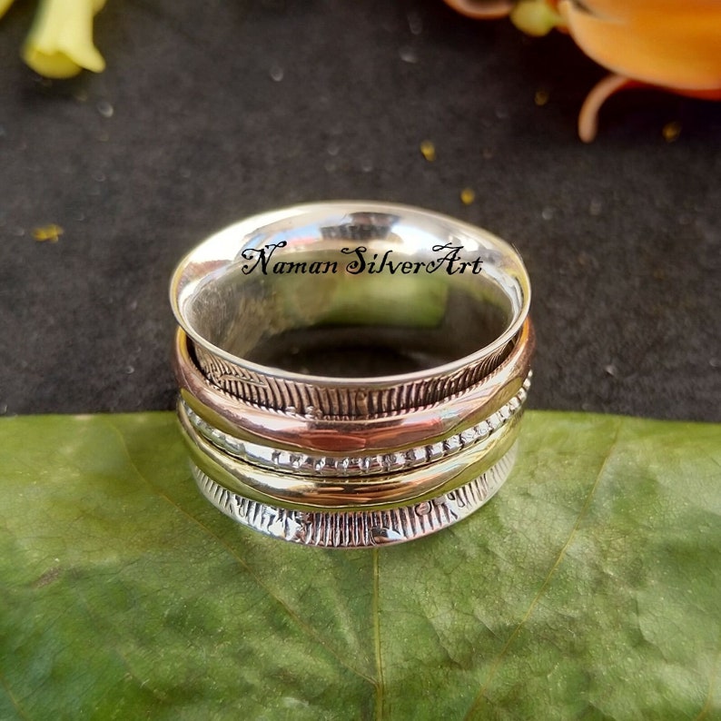 3 Tone Spinner Ring Beaded Spinner ring Thumb ring Gift Meditation Wide Band Silver Spinner Anxiety Ring Floral Texture Band Ring